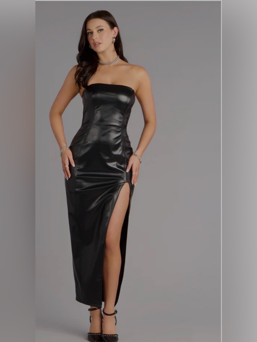 Windsor Black Vegan Leather Strapless Maxi Dress with Front Slit